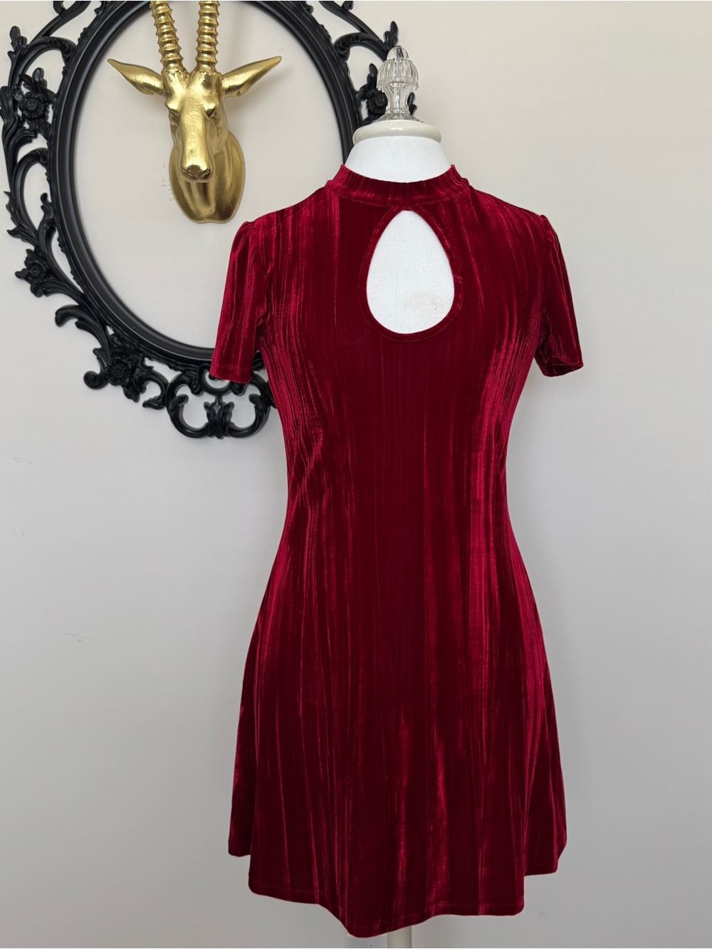 Black Swan Velvet Keyhole Short Sleeve Dress in Deep Red